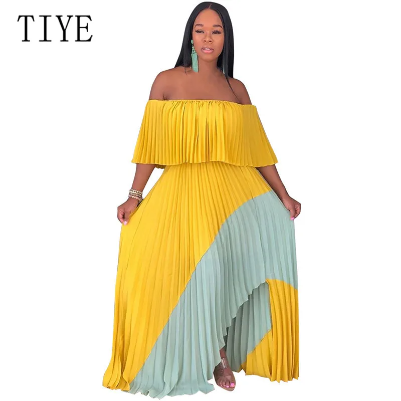 

TIYE Off Shoulder Elegant Women Chiffon Summer Maxi Dress Strapless Floor Length Pleated Dress Bohemian Beach Holiday Dresses