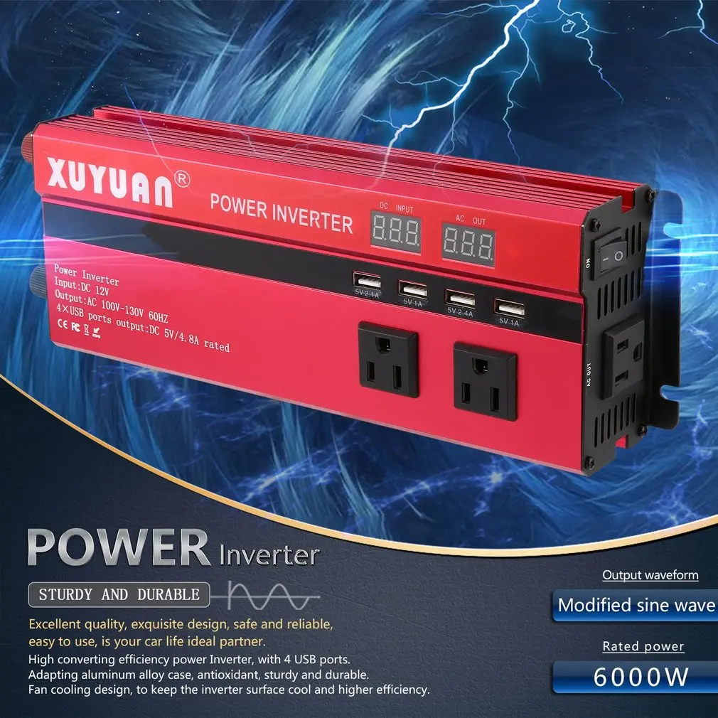 Professional 6000W Power Inverter DC 12V to AC 110V LED Display Car Sine Wave Converter for Household Appliances