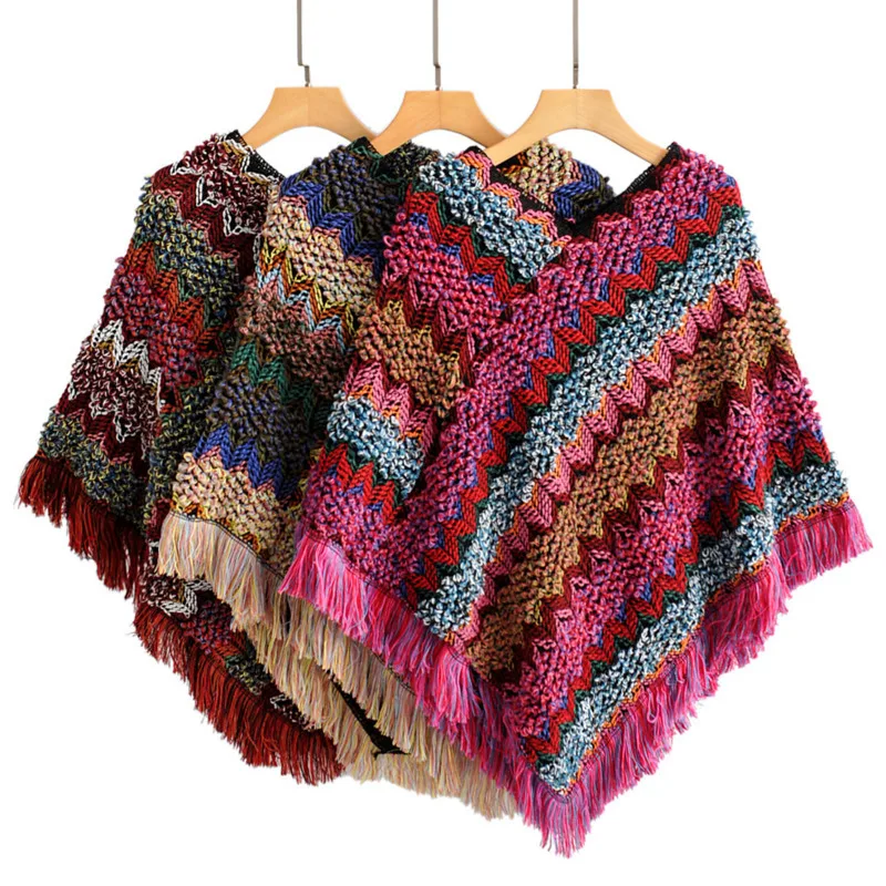 Boho Shawl Plus Size ropa mujer Fringed Knitted Pullover World National Style Cape Vintage Poncho Spring Women's clothing | Женская