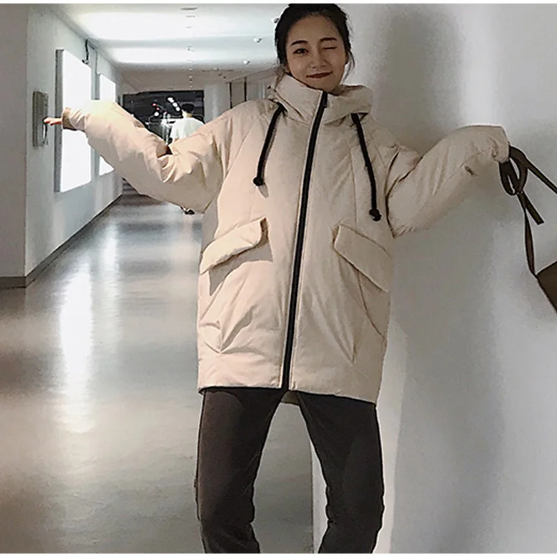 Зимняя Корейская утолщенная Женская парка, пальто, пуховое пальто из хлопка с капюшоном для женщин,, воротник-стойка, теплая парка на молнии для офисных леди