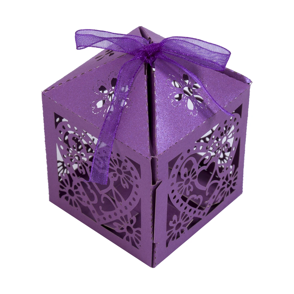 New 50PCS Love Heart Laser Cut Candy Box Gift Boxes Ribbon Wedding Party Favor Bins - Цвет: 50Pcs Purple