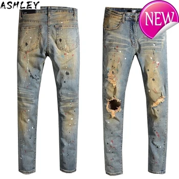 

painted holes Men's ripped torn denim jeans Vintage blue distressed stretch denim pants High quality
