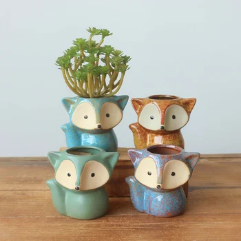 

Newe Ceramic Succulent Planter Pot Foxes Shaped Cute Cactuses Plant Pot with Bamboo Tray for Home Office Desk Decoration