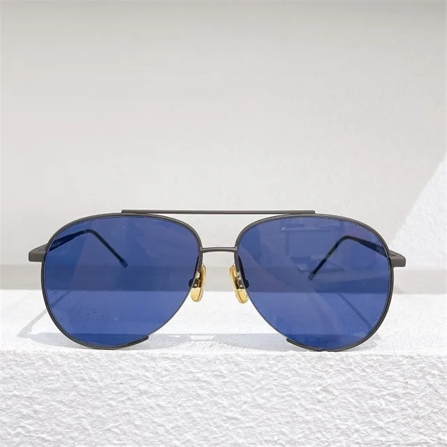 New THOM Brand Fashion Sunglasses Vintage Oval Double-beam Pilot Frog-shaped Men's Women's UV Protection Glasses Driving Gafas Grey vs blue