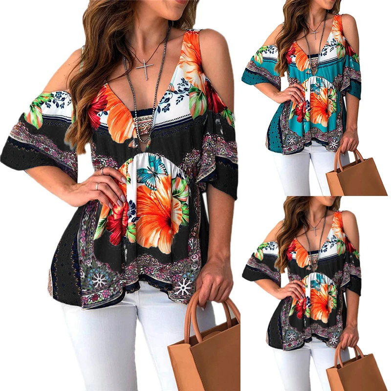 Women Shirt Casual Summer V-Neck Boho Blouse 2019 Short Sleeve Cold Off Shoulder Loose Tops Floral Print Shirt Plus Size Blouse