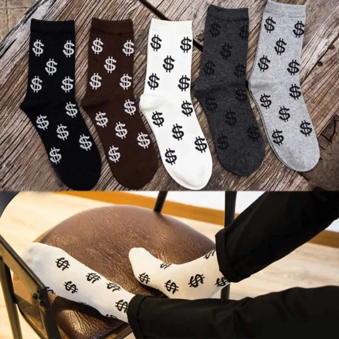 Fashion Spring Autumn Men Socks Dollar Symbol Printed Comfortable Breathable Absorb Sweat Anti-slip Man Middle Long Sock MC889