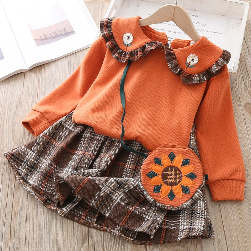Детский костюм г., осенний корейский милый кукольный берет для девочек, плюшевая рубашка клетчатая юбка комплект из двух предметов, зимний теплый свитер для девочек - Цвет: orange 309409