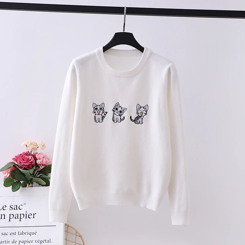 White Японский стиль Kawaii Cat Вышивка пуловер свитер для женщин Осень Зима Простой базовый с круглым вырезом вязаный свитер Джемперы для женщин - Цвет: White