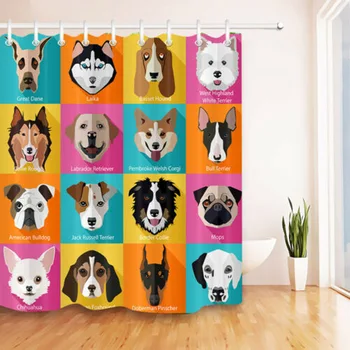 

Dog Shower Curtain Dog Breeds Profiles Pets Shepherd Terrier Labrador Domestic Animals Fabric Bathroom Decor Set with Hooks
