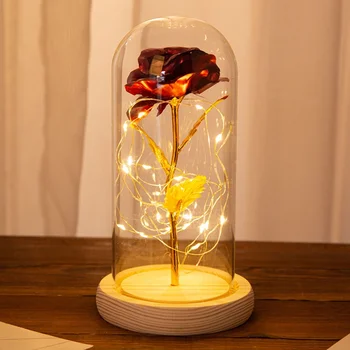 

Artificial Gold Rose Flower And LED Light String In Glass Dome On Wooden Base The Best Gift For Valentine's Day, Mother's Day,
