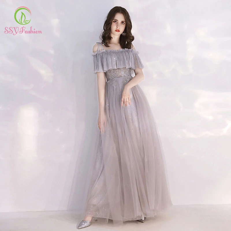

SSYFashion Ne Grey Prom Dress Banquet Elegant Boat Neck Floor-length Appliques Beading Party Formal Gowns Vestidos De Fiesta