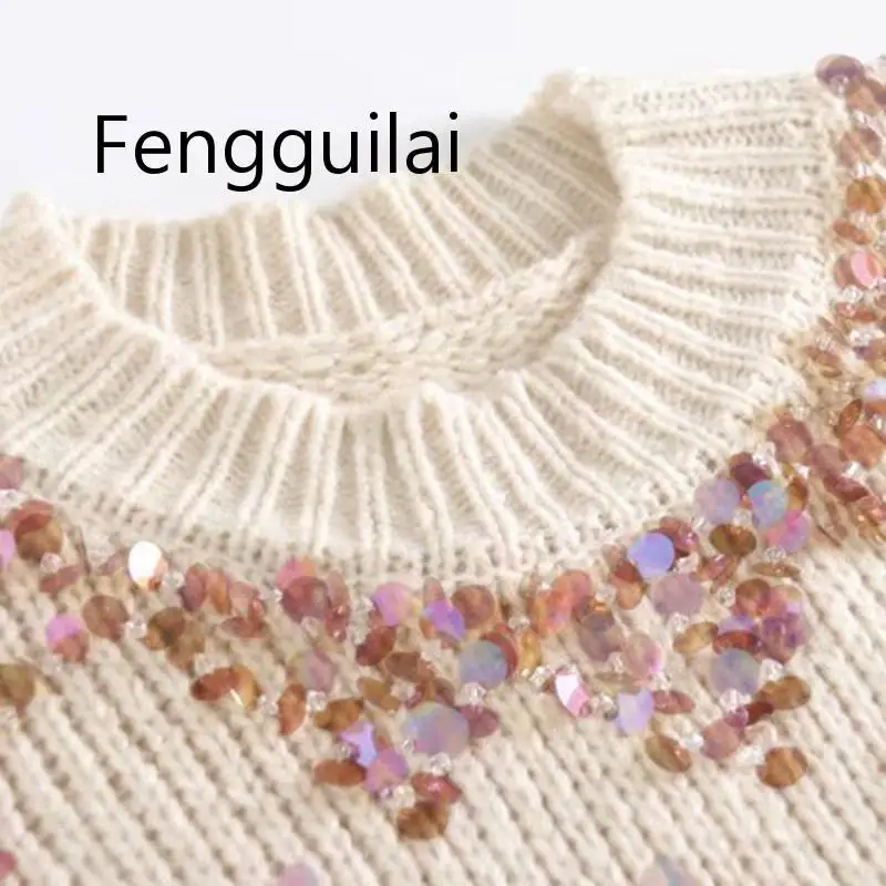 Vintage Chic Sequins Appliques Loose Knitted Sweater Women 2020 Fashion Long Sleeve O Neck Ladies Pullovers Casual Pull Femme Vintage Chic Sequins Appliques Loose Knitted Sweater Women 2020 Fashion Long Sleeve O Neck Ladies Pullovers Casual Pull Femme