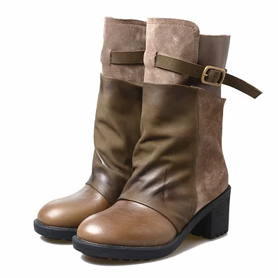 

Western Retro Winter Trendy Fashion Genuine Leather Mid Calf Snow Boots Woman Chunky High Heels Punk Cowboy Botas For Ladies