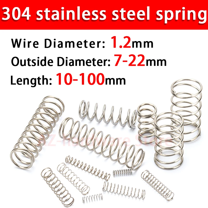 304 Stainless Steel Compression Spring, Return Spring, Steel Wire Diameter 1.2mm Outside Diameter 6~22mm  10 Pcs