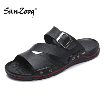 

Genuine Leather Slides Slippers Men Casual Black Brown Male Slide Slipper Outdoor Summer Shoes Dropship Plus Size 48s