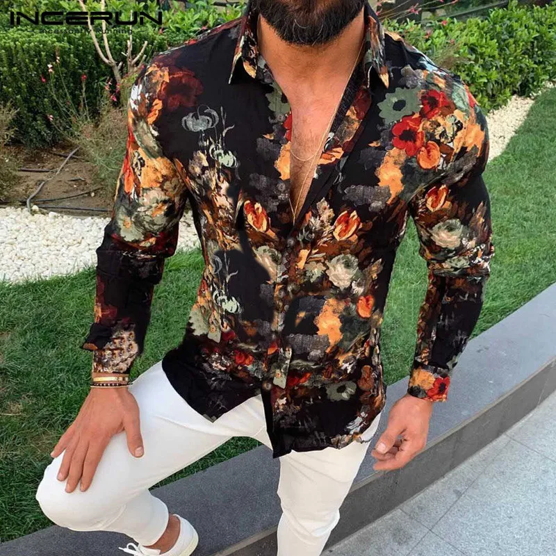 INCERUN, мужская повседневная рубашка с длинным рукавом, с цветочным принтом, модная, с отворотом, в этническом стиле, на пуговицах, Мужская блузка, комфортный, Social Top Hombre