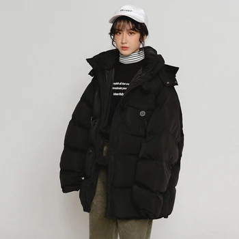 

2019 Korean new fashion woman winter coat hooded detachable hat loose cotton-padded jacket plus size overcoat