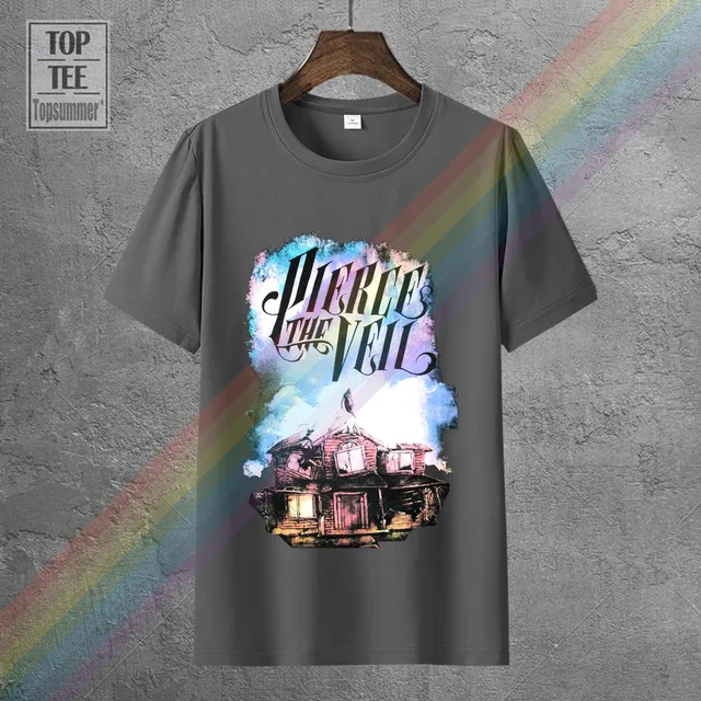 Pierce The Veil Mens T Shirt Ghostie Rising Through Dilapidated House 0013761-Dark Gray