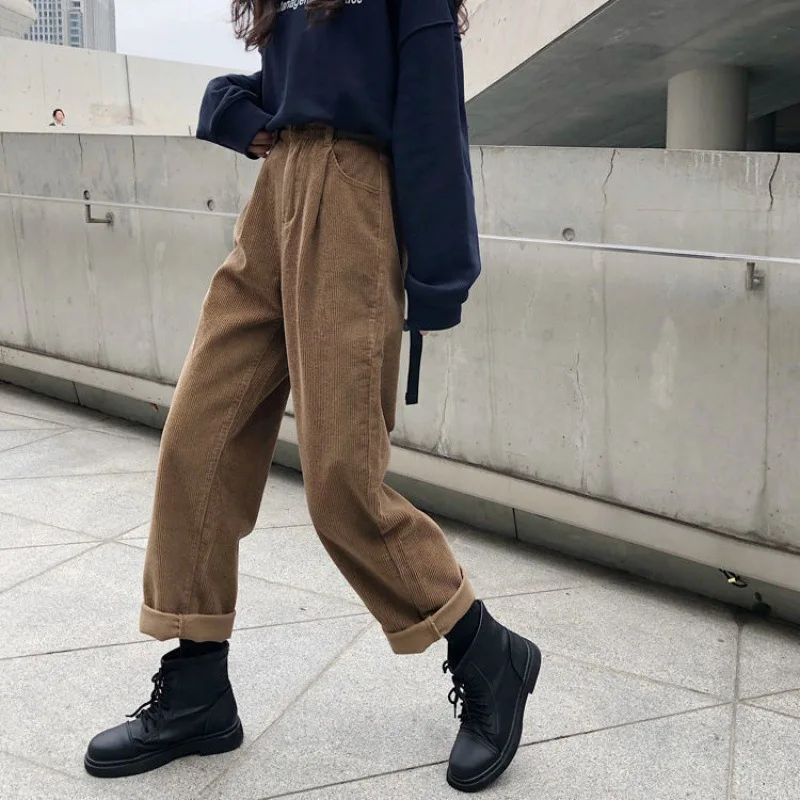 

Vintage Brown Corduroy Cargo Pants Women Korean Harajuku Loose Trousers Female 90s Street Casual High Waist Winter Warm Pants