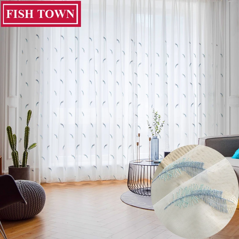Современные прозрачные тюлевые шторы с вышивкой FISH TOWN для гостиной яркая белая