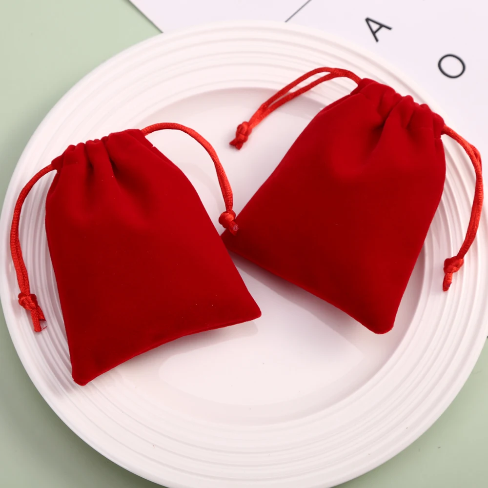 50Pcs/Lot Red Velvet Drawstring Jewelry Bag Eyelashes Hair Makeup Custom Wedding Favor Gift Custom LOGO Packaging Pouches silk satin jewelry gift bags satin drawstring earring ring hair packaging organizer pouch wedding favor candy bag custom logo