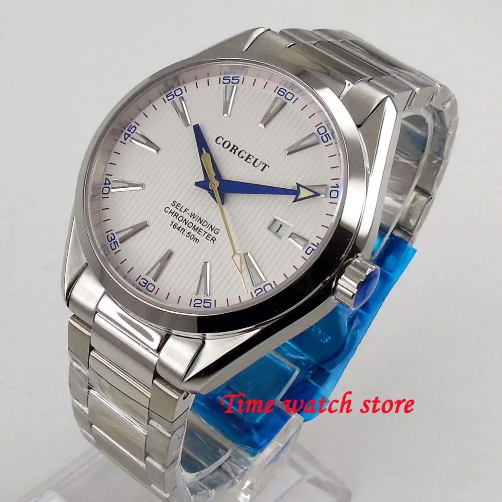 41mm Corgeut Miyota 8215 5ATM automatic men's watch steel Polished date luminous sapphire glass - Цвет: White Miyota