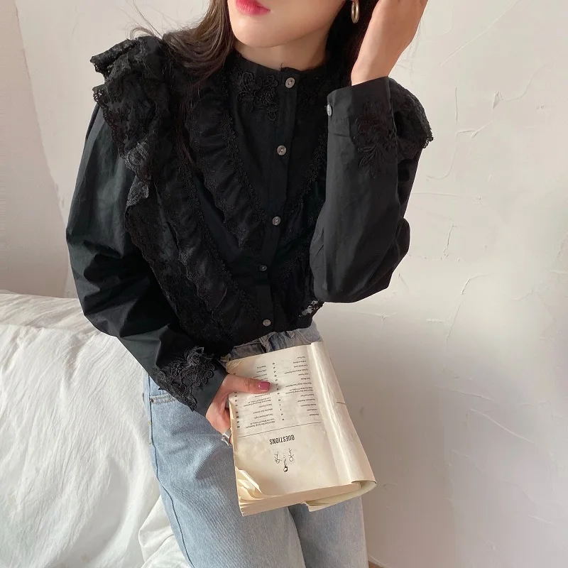 REALEFT Spring Lace Patchwork Women's Shirts Female Blouse Long Sleeve Stand Collar Korean OL Style Women Elegant Blouses
