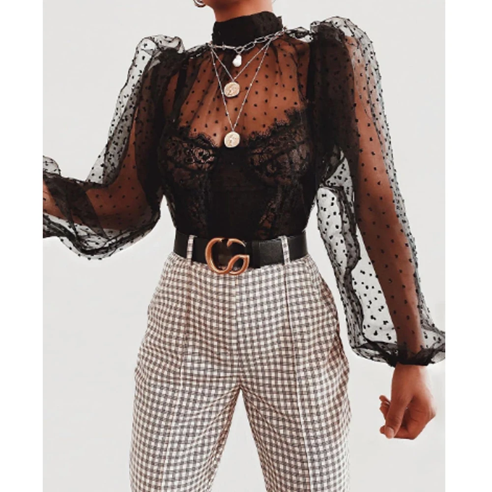 Summer Sexy Women Polka Dot Mesh Sheer See-through Tops Bikini Cover-Ups Puff Long Sleeve Tops Blouse Shirts Beachwear Loose Top