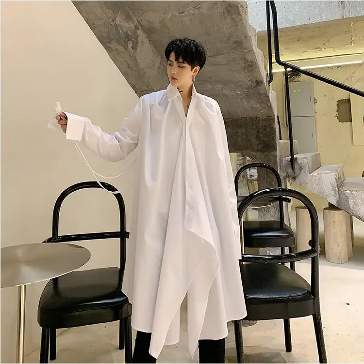 SHENGYUJIN Yamamoto style dark super long tether waist white shirt irregular loose elegant small shirt coat fashion men's shirt