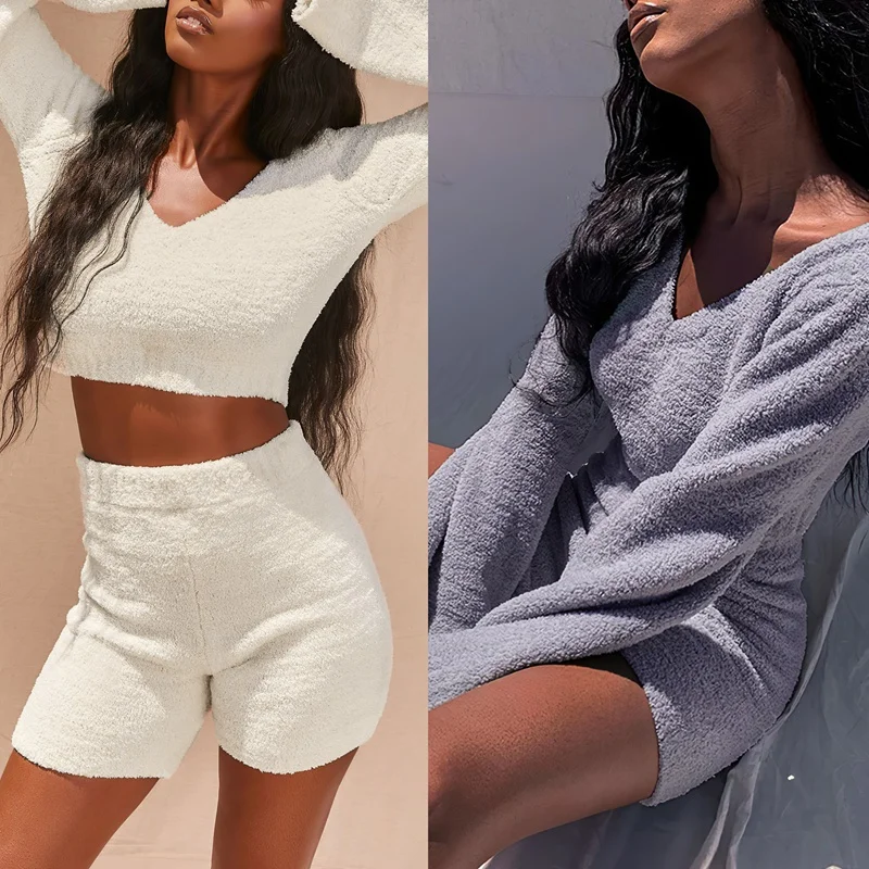 

Knitting Hollow Casual Two Piece Set Top and Short Autumn Women Set Sexy Sweater