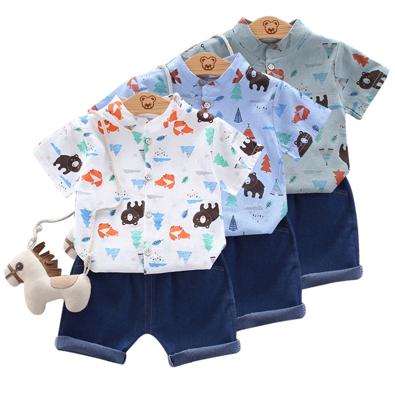 

Toddler Boy Clothes 2pcs Newborn Kids Baby Boys Summer TopsCartoon Bear Print Blouse+Denim Pants Shorts Outfits Clothes