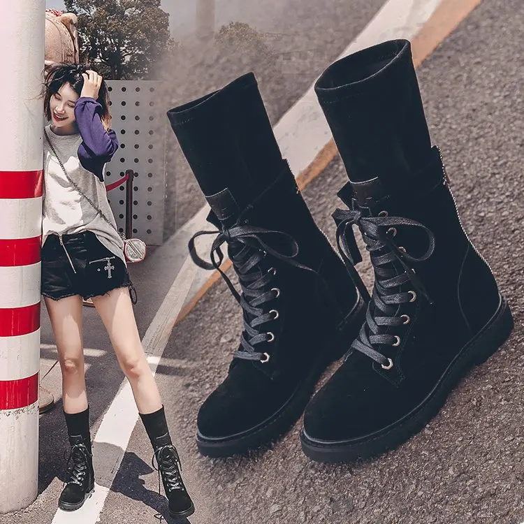 

Black Boots Bootee Woman 2019 Round Toe Brand Women's Shoes Flat Heel Lace Up Zipper Low Heels booties Booties Ladies Fashion