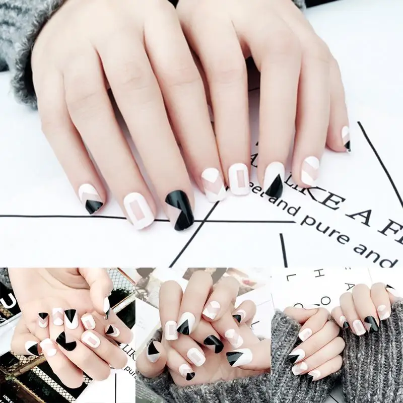 Black White Fashion Simple Nail False Nails Patch Acrylic Nail Tips Nail Art Fake Nails With Nail Glue Nail Manicure Tools TSLM1