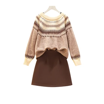 

large size women 2020 new autumn clothes argyle sweaters Nordic jacquard knit two-piece outfit pullover knitted top sweater
