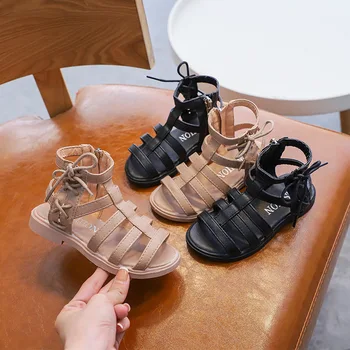 

New Girls Fashion PU Leather Sandals Beach Shoes Big Children's Soft Bottom Princess Shoes Summer Roman Sandals for Girl Kids