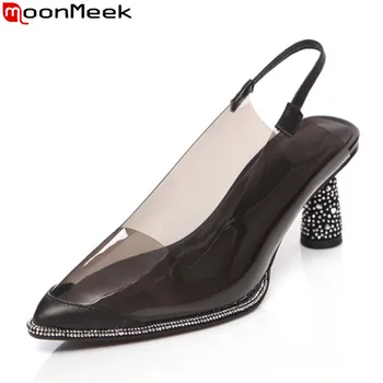 

MoonMeek 2020 new hot sale women pumps thick high heels black color ladies shoes summer shallow transparent party shoes