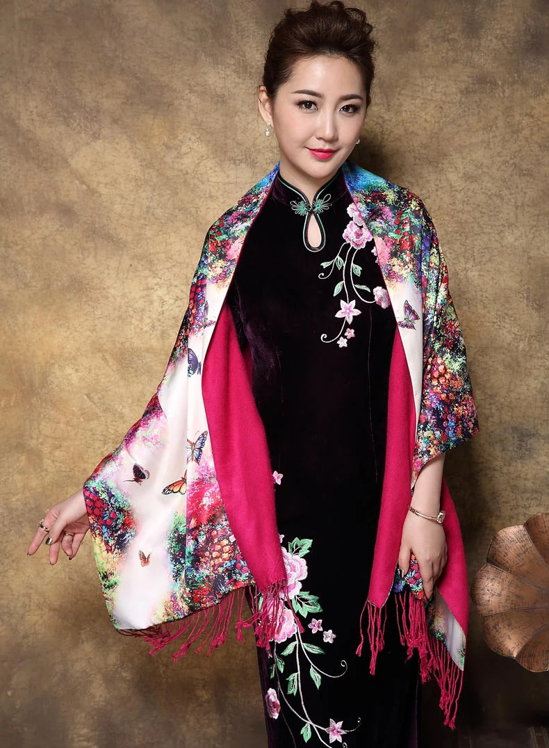 Национальный стиль Cheongsam картина маслом шаль шарф женский шелковый кашемировый шарф ретро свадьба вечеринка накидка палантин обертывания - Цвет: 17
