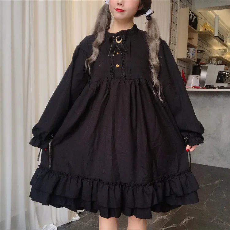 Harajuku готическое Черное женское платье лолиты с кнопки в форме звезд осеннее японское кружевное платье с длинными рукавами и оборками для девочек-подростков