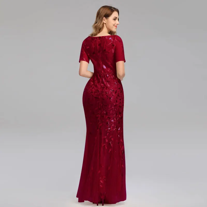 Beauty Emily O Neck Sequins Long Appliques Evening Dresses Short Sleeve Tiered Hems Prom Gowns Pleated Vestido de noche