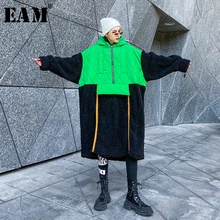 [EAM] свободная Зеленая контрастная Толстовка большого размера, Новая Женская толстовка с капюшоном и длинным рукавом большого размера, модная весенняя коллекция, 1N105