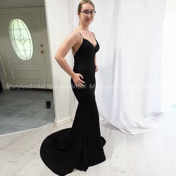 

Backless Mermaid Black Evening Dresses 2020 Sexy Spaghetti Straps Trumpet Robe De Soiree Sweep Train Long Prom Party Gowns