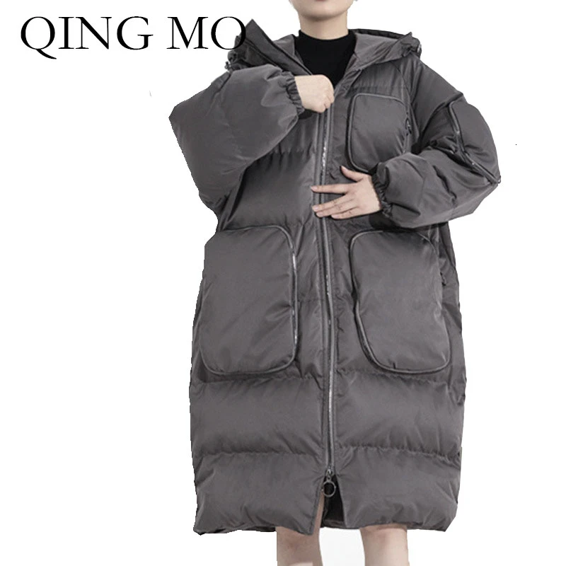 QING MO модные зимние женские парки с капюшоном женские толстые теплые парки с карманами Черные Серые зеленые желтые парки ZQY2179