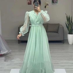 Simple Strapless Shadow Green Evening Dresses Puffy Fulle Sleeve Fluffy Tulle Dress 2022 Sashes Pleat  Robe De Soirée Femme
