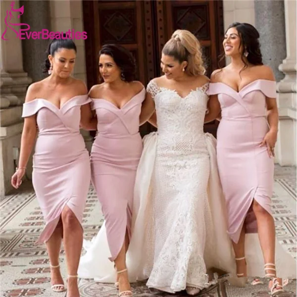 Красивые Недорогие короткие платья подружки невесты с открытыми плечами и сексуальным разрезом по бокам, атласное платье русалки, vestido de festa - Цвет: as picture