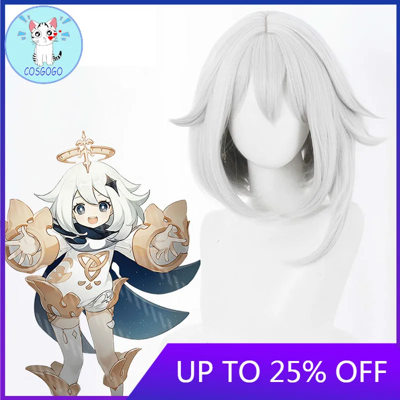 

Genshin Impact Paimon Cosplay Wig White Short Heat Resistant Synthetic Hair Halloween Party Role Play + Free Wig Cap