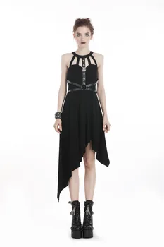 

DARK IN LOVE Women's Punk Asymmetrical Halterneck Dress with Faux Leather Harness Hollow Out Hang Neck Wrapp Chest Dress