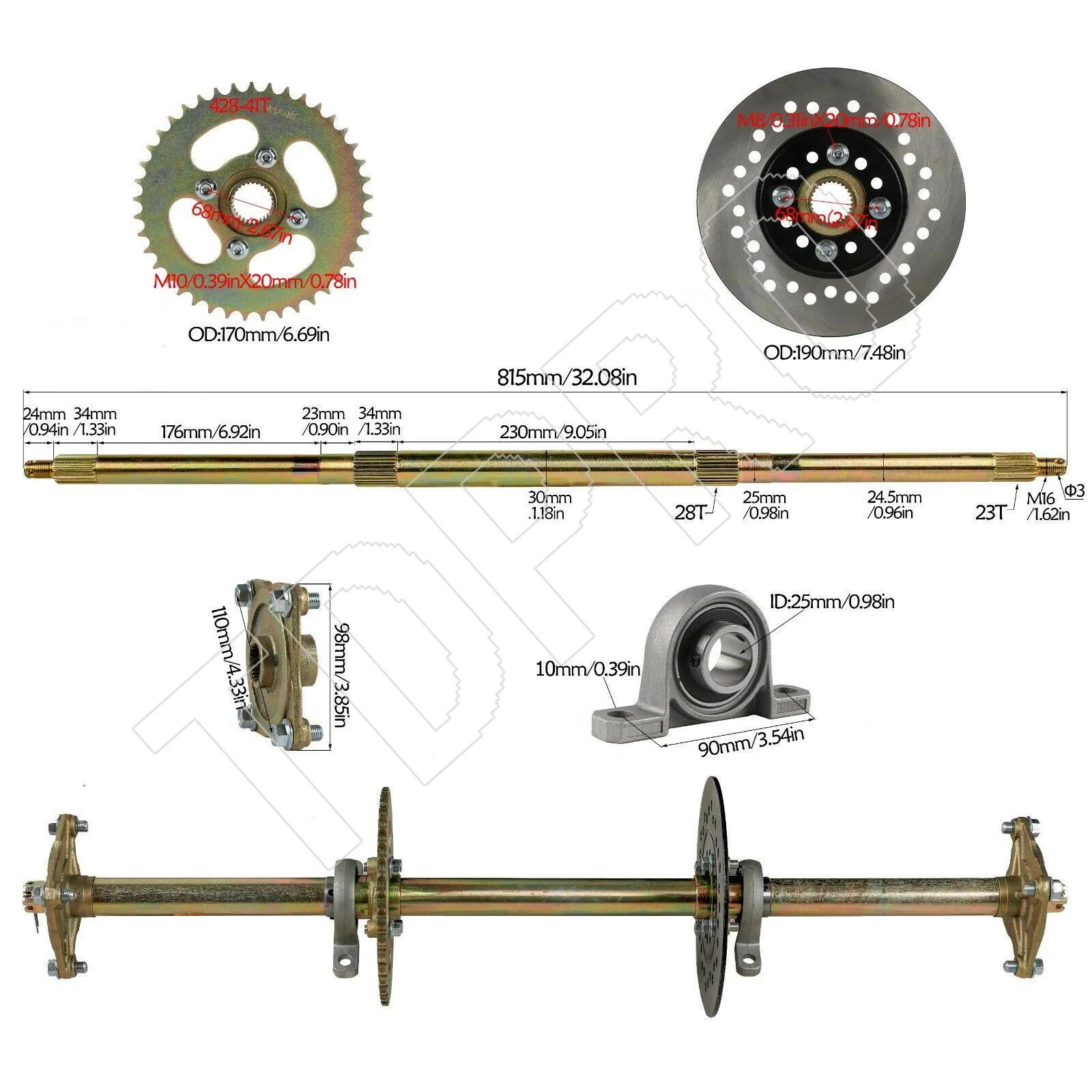 Chain Brake Rotor Details about   32" Gokart Drift Trike Rear Axle Kit Wheel Hub Sprocket 