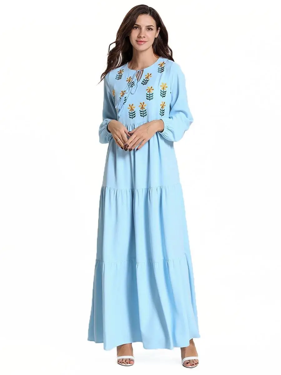 Женское длинное платье abaya Embrodiery, исламские вечерние коктейльные платья, мусульманское платье с длинным рукавом, Драпированное дизайнерское арабское платье на шнурке