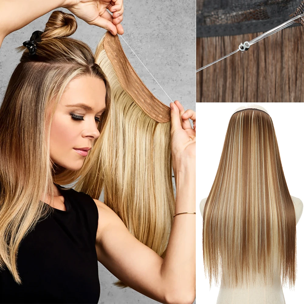 Extensiones de cabello liso de una pieza, sin Clip, Halo, ombré, sintético, negro, Rubio, falso, línea de pescado