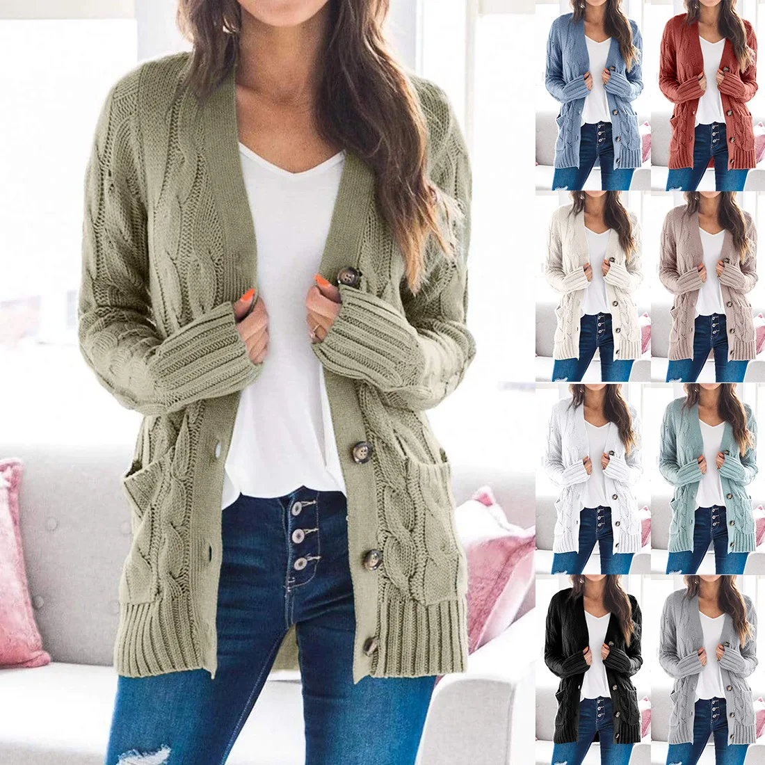 

2020 Amazon Autumn and Winter New Style Cardigan Sweater Female Europe and America V-neck Single-Breasted Long-sleeve Knitwear C
